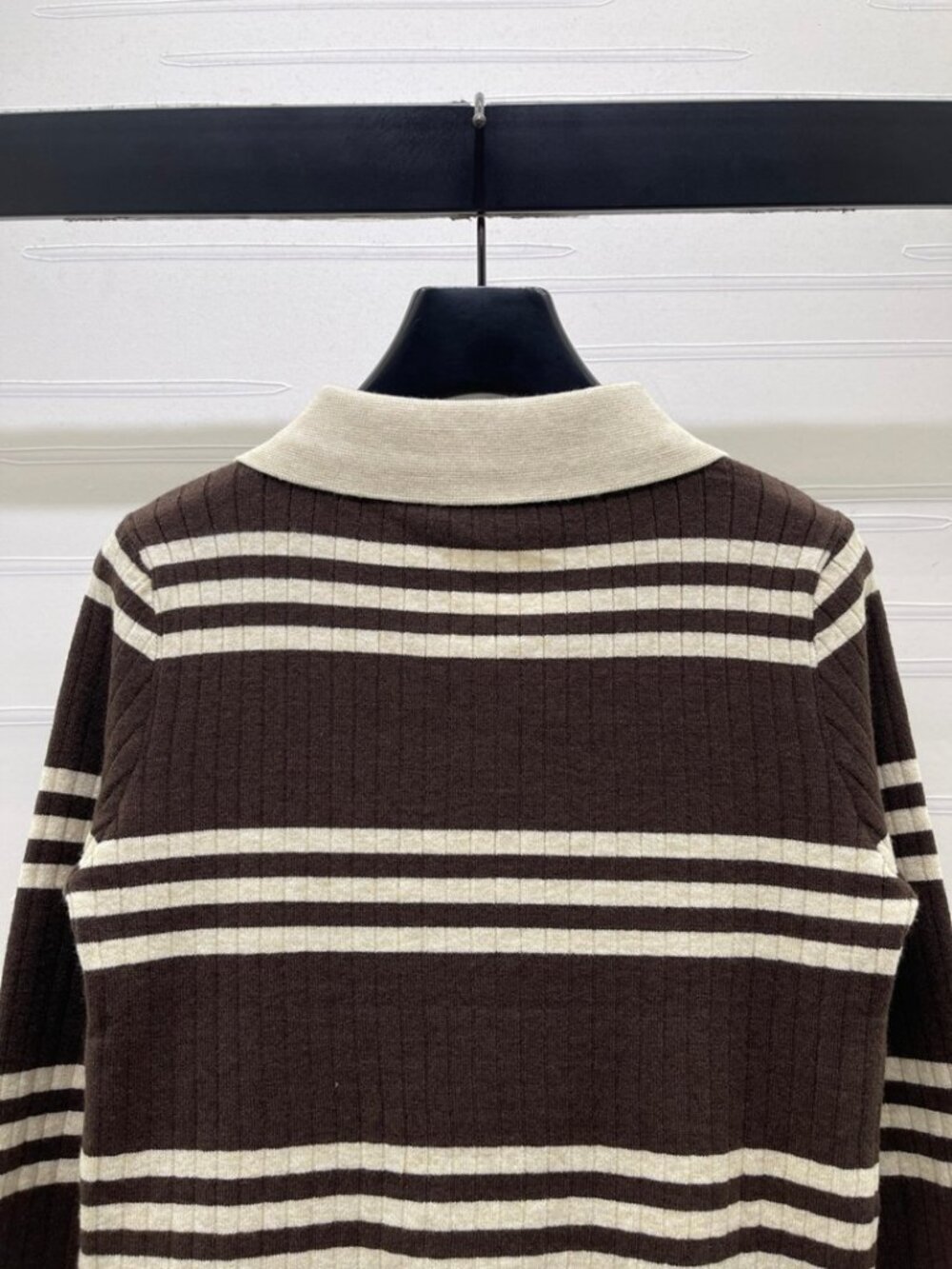 Miu Miu Brown Off‑White Stripe Zip‑Up Collared Knit Sweater - Picture 5 of 8